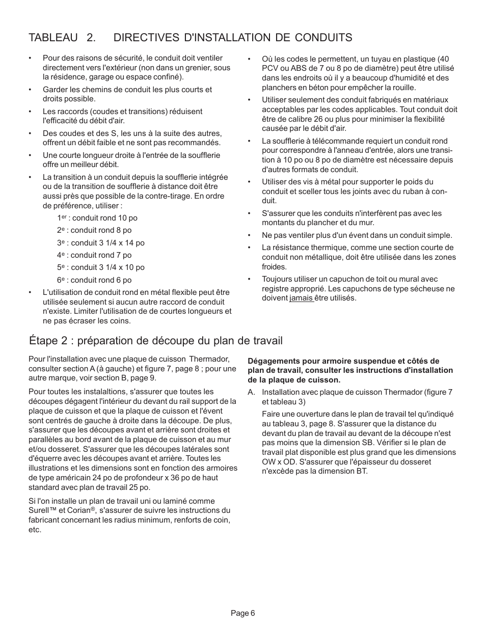 Tableau 2. directives d'installation de conduits | Thermador CVS2 User Manual | Page 21 / 42