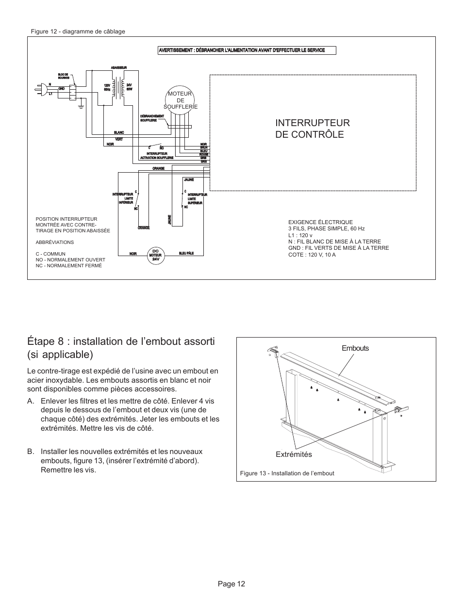 Interrupteur de contrôle, Page 12, Embouts extrémités | Figure 12 - diagramme de câblage, Figure 13 - installation de l’embout | Thermador CVS2 User Manual | Page 27 / 42