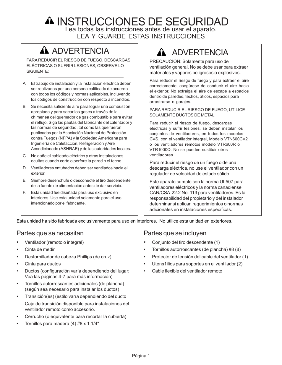 Instrucciones de seguridad, Advertencia, Partes que se necesitan | Partes que se incluyen | Thermador CVS2 User Manual | Page 29 / 42