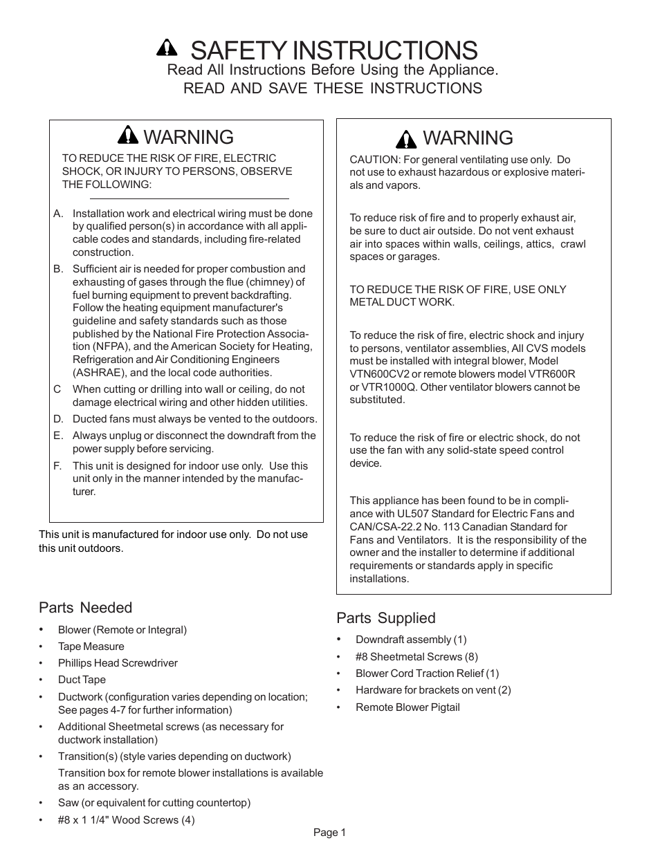 Safety instructions, Warning, Parts needed | Parts supplied | Thermador CVS2 User Manual | Page 3 / 42