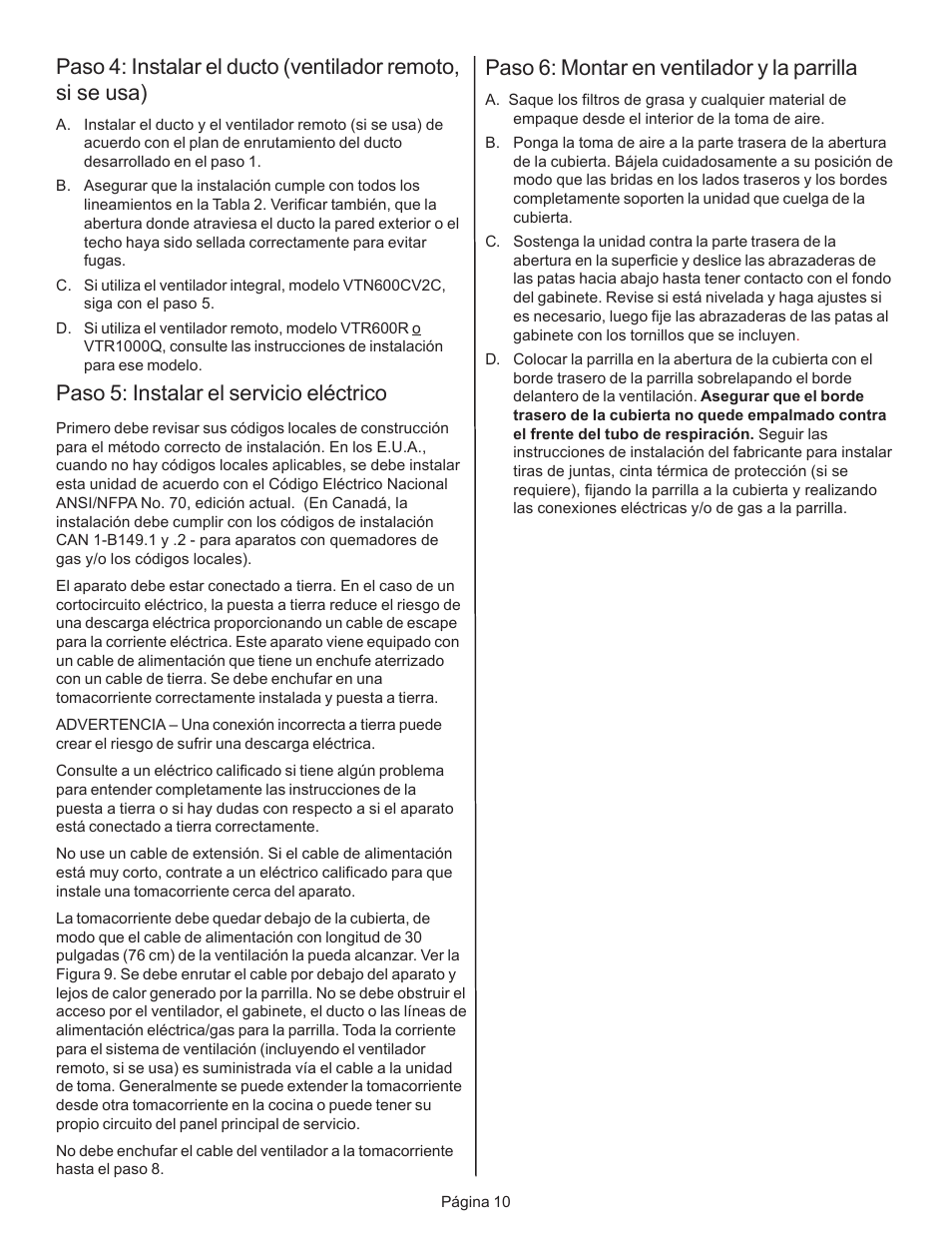 Paso 5: instalar el servicio eléctrico, Paso 6: montar en ventilador y la parrilla | Thermador CVS2 User Manual | Page 38 / 42