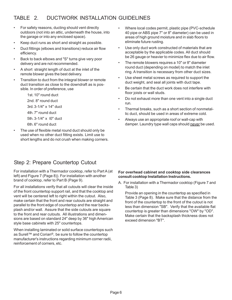 Table 2. ductwork installation guidelines, Step 2: prepare countertop cutout | Thermador CVS2 User Manual | Page 8 / 42