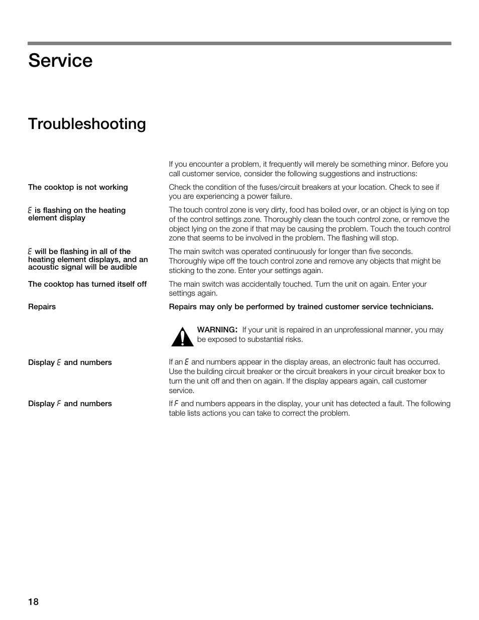 Service, Troubleshooting | Thermador CET304FS User Manual | Page 18 / 72