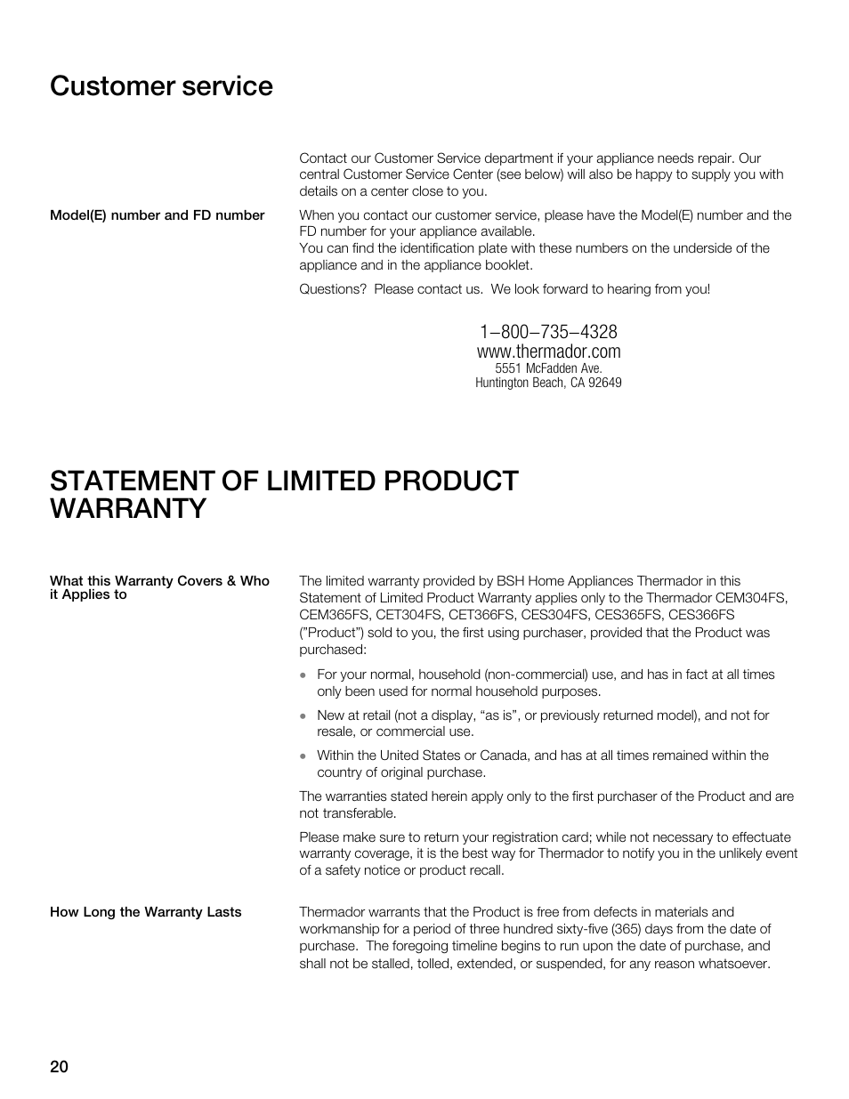 Customer service, Statement of limited product warranty | Thermador CET304FS User Manual | Page 20 / 72