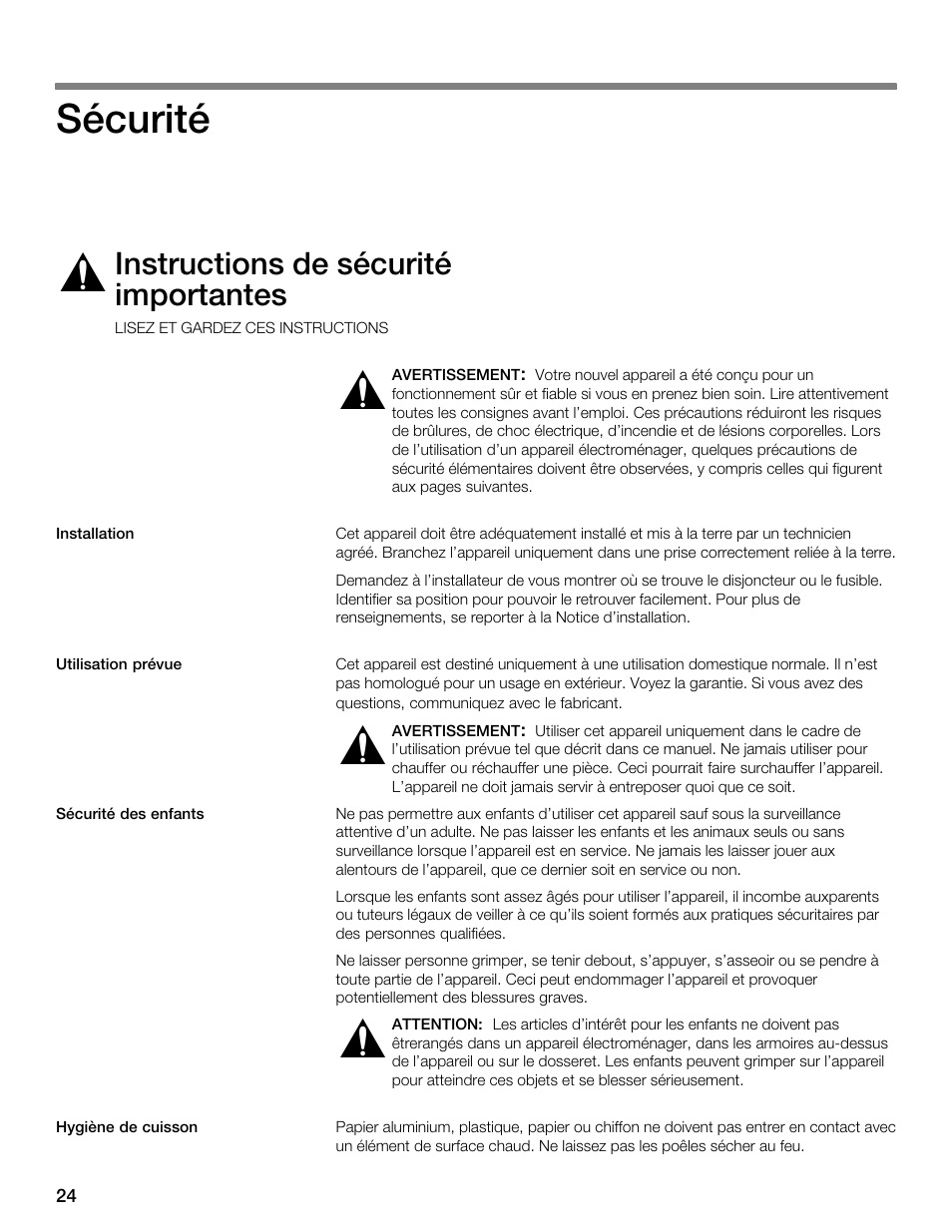 Sécurité, Instructions de sécurité importantes | Thermador CET304FS User Manual | Page 24 / 72