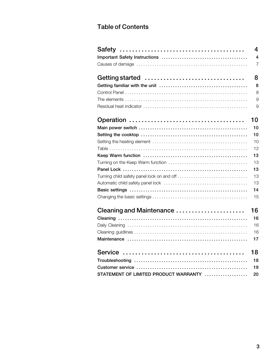 Table of contents safety 4, Āgetting started 8, Āoperation 10 | Ācleaning and maintenance 16, Āservice 18 | Thermador CET304FS User Manual | Page 3 / 72