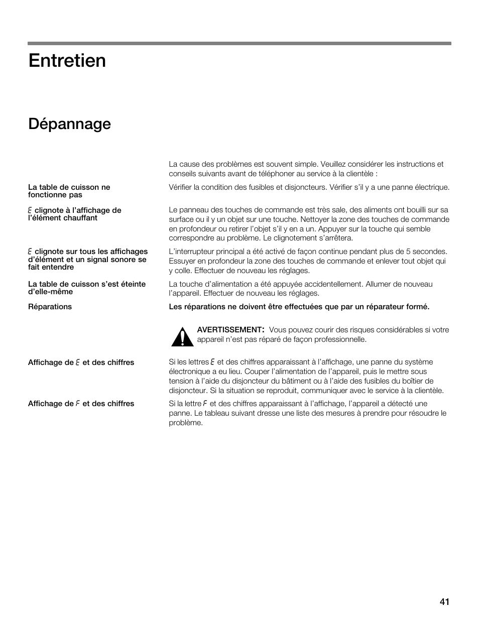 Entretien, Dépannage | Thermador CET304FS User Manual | Page 41 / 72