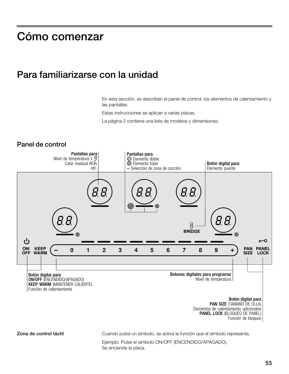 Cómo comenzar, Para familiarizarse con la unidad | Thermador CET304FS User Manual | Page 53 / 72