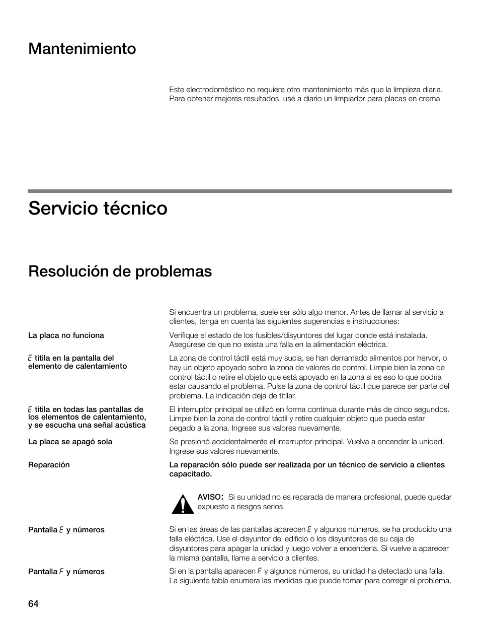 Servicio técnico, Mantenimiento, Resolución de problemas | Thermador CET304FS User Manual | Page 64 / 72