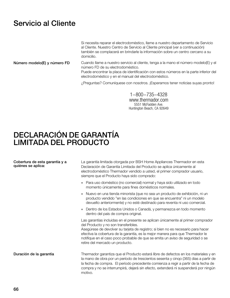 Servicio al cliente, Declaración de garantía limitada del producto | Thermador CET304FS User Manual | Page 66 / 72