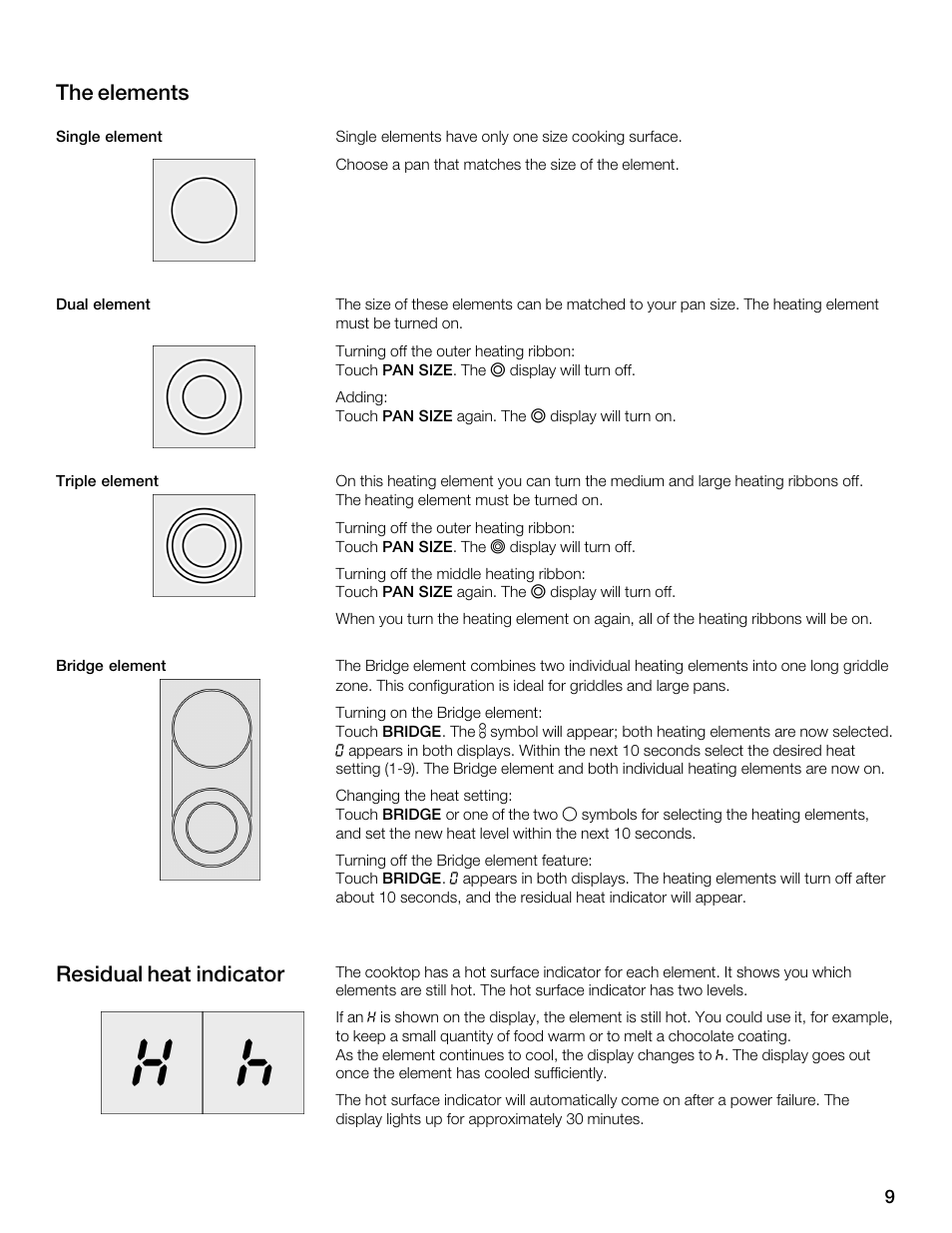 The elements, Residual heat indicator | Thermador CET304FS User Manual | Page 9 / 72
