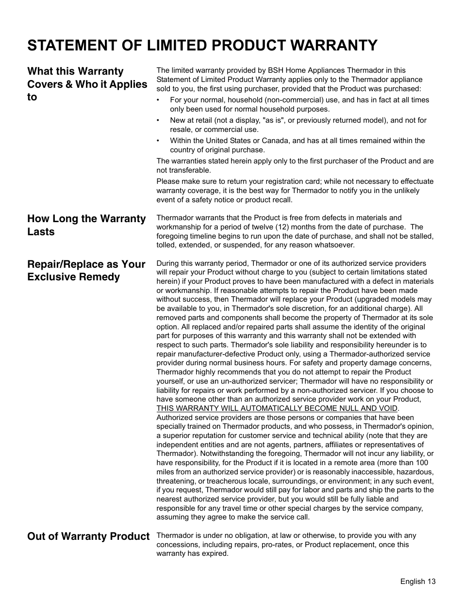 Statement of limited product warranty, What this warranty covers & who it applies to, How long the warranty lasts | Repair/replace as your exclusive remedy, Out of warranty product | Thermador WD27 User Manual | Page 16 / 52