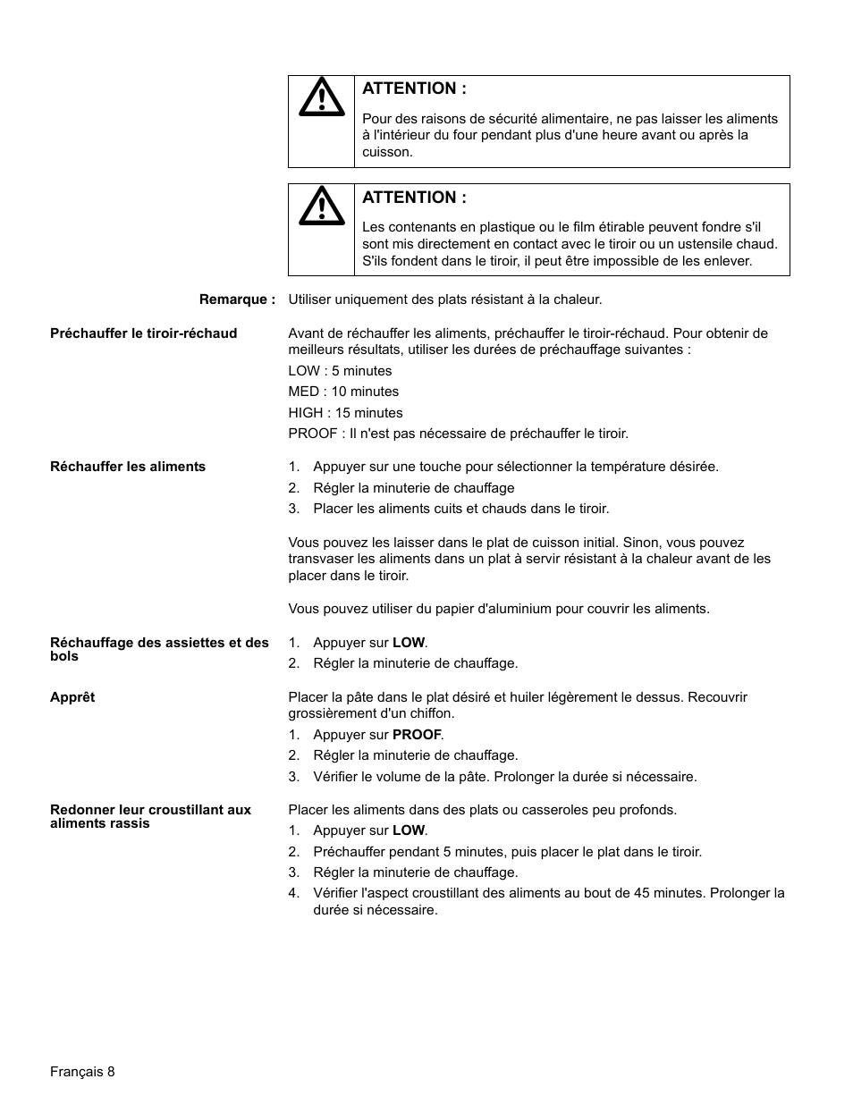 Régler la minuterie de chauffage, Placer les aliments cuits et chauds dans le tiroir, Appuyer sur low | Appuyer sur proof | Thermador WD27 User Manual | Page 26 / 52