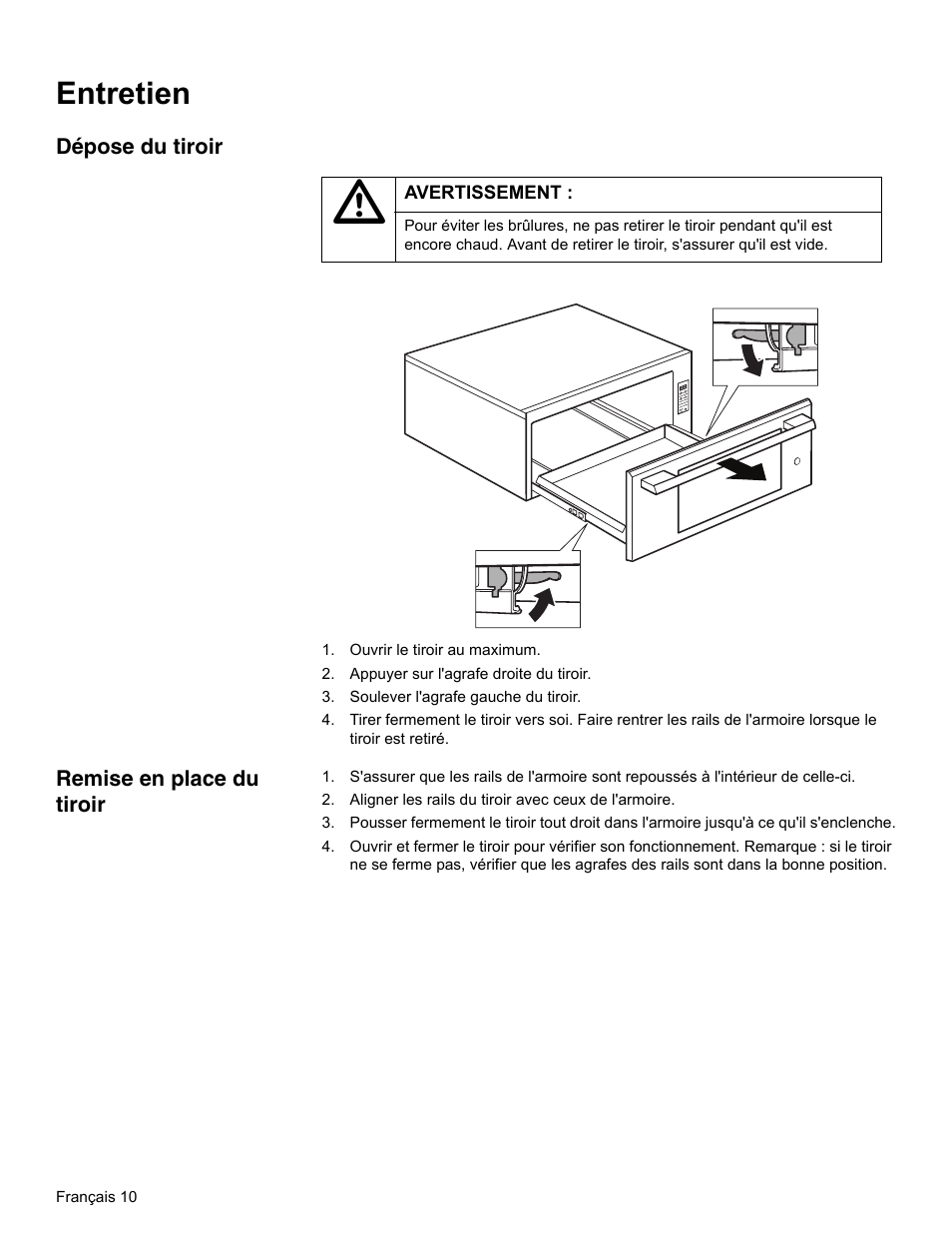 Ouvrir le tiroir au maximum, Appuyer sur l'agrafe droite du tiroir, Soulever l'agrafe gauche du tiroir | Aligner les rails du tiroir avec ceux de l'armoire, Entretien | Thermador WD27 User Manual | Page 28 / 52