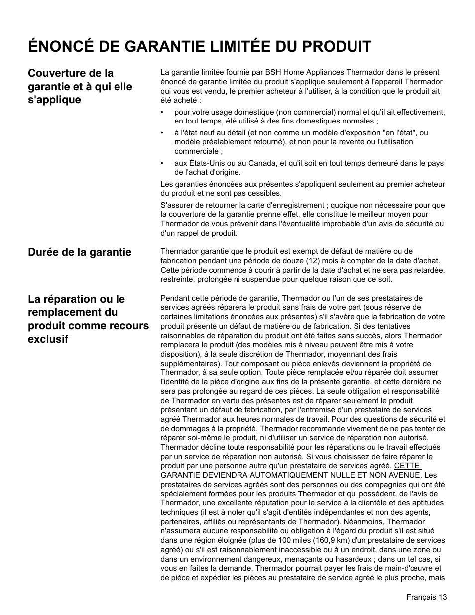 Énoncé de garantie limitée du produit, Couverture de la garantie et à qui elle s'applique, Durée de la garantie | Thermador WD27 User Manual | Page 31 / 52