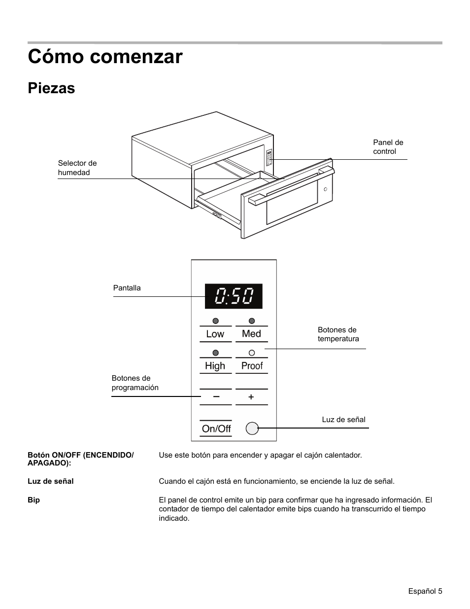 Cómo comenzar, Piezas | Thermador WD27 User Manual | Page 39 / 52