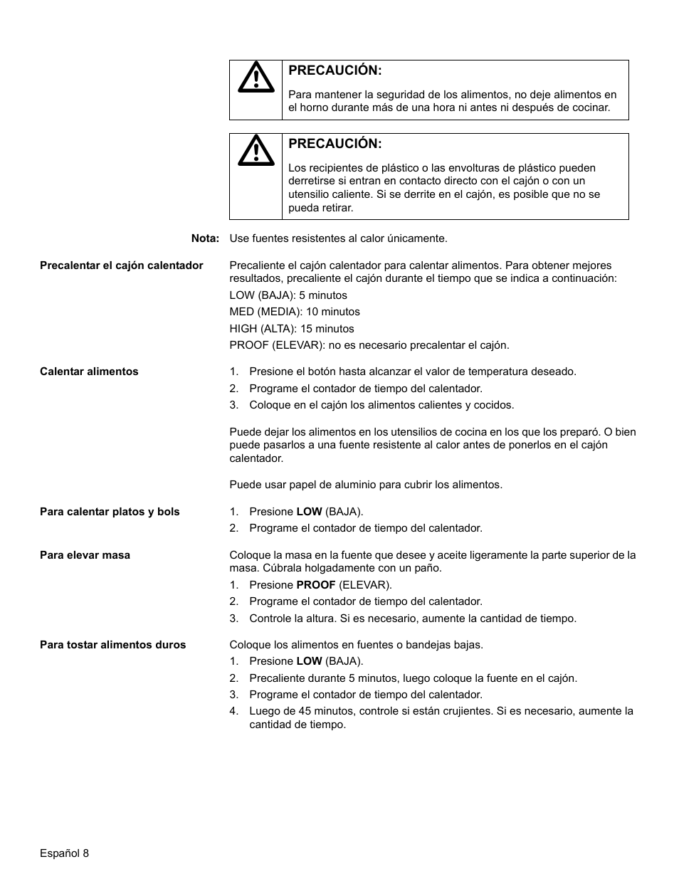 Programe el contador de tiempo del calentador, Presione low (baja), Presione proof (elevar) | Thermador WD27 User Manual | Page 42 / 52