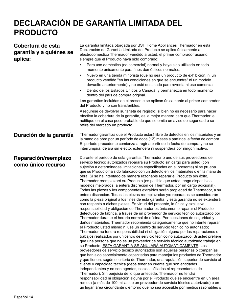 Declaración de garantía limitada del producto, Cobertura de esta garantía y a quiénes se aplica, Duración de la garantía | Reparación/reemplazo como único recurso | Thermador WD27 User Manual | Page 48 / 52