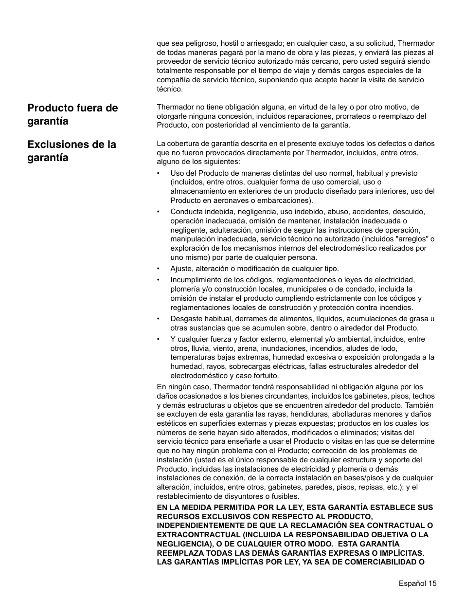 Producto fuera de garantía, Exclusiones de la garantía | Thermador WD27 User Manual | Page 49 / 52