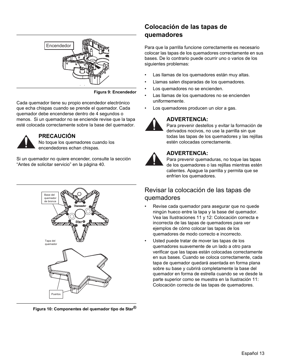 Figura 9: encendedor, Precaución, Figura 10: componentes del quemador tipo de star | Colocación de las tapas de quemadores, Advertencia, Revisar la colocación de las tapas de quemadores | Thermador PRO-HARMONY PRD36 User Manual | Page 101 / 132