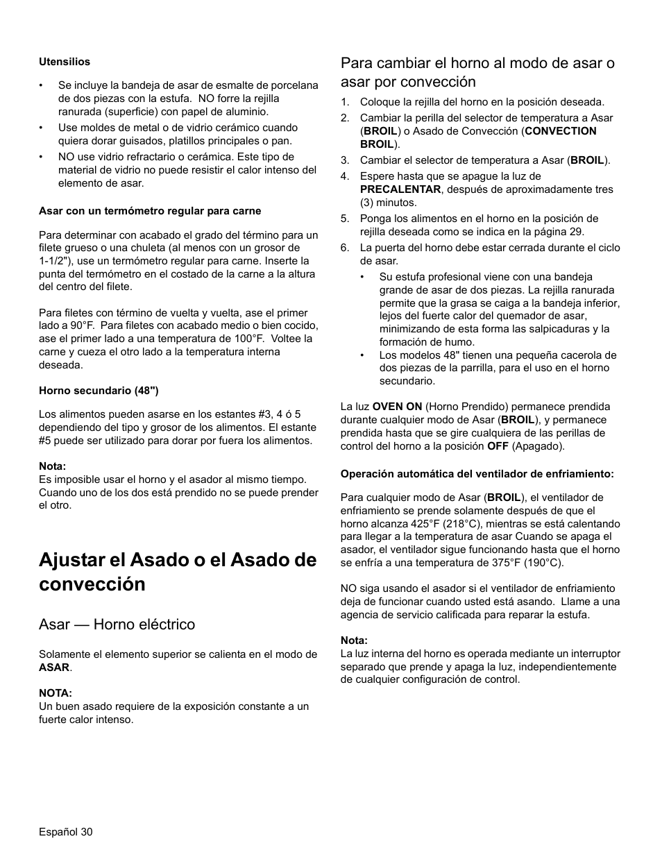 Utensilios, Asar con un termómetro regular para carne, Horno secundario (48") | Nota, Ajustar el asado o el asado de convección, Asar — horno eléctrico, Cambiar el selector de temperatura a asar (broil) | Thermador PRO-HARMONY PRD36 User Manual | Page 118 / 132