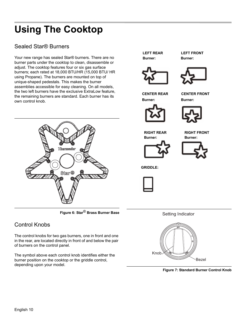 Using the cooktop, Sealed star® burners, Figure 6: star® brass burner base | Control knobs, Figure 7: standard burner control knob | Thermador PRO-HARMONY PRD36 User Manual | Page 12 / 132