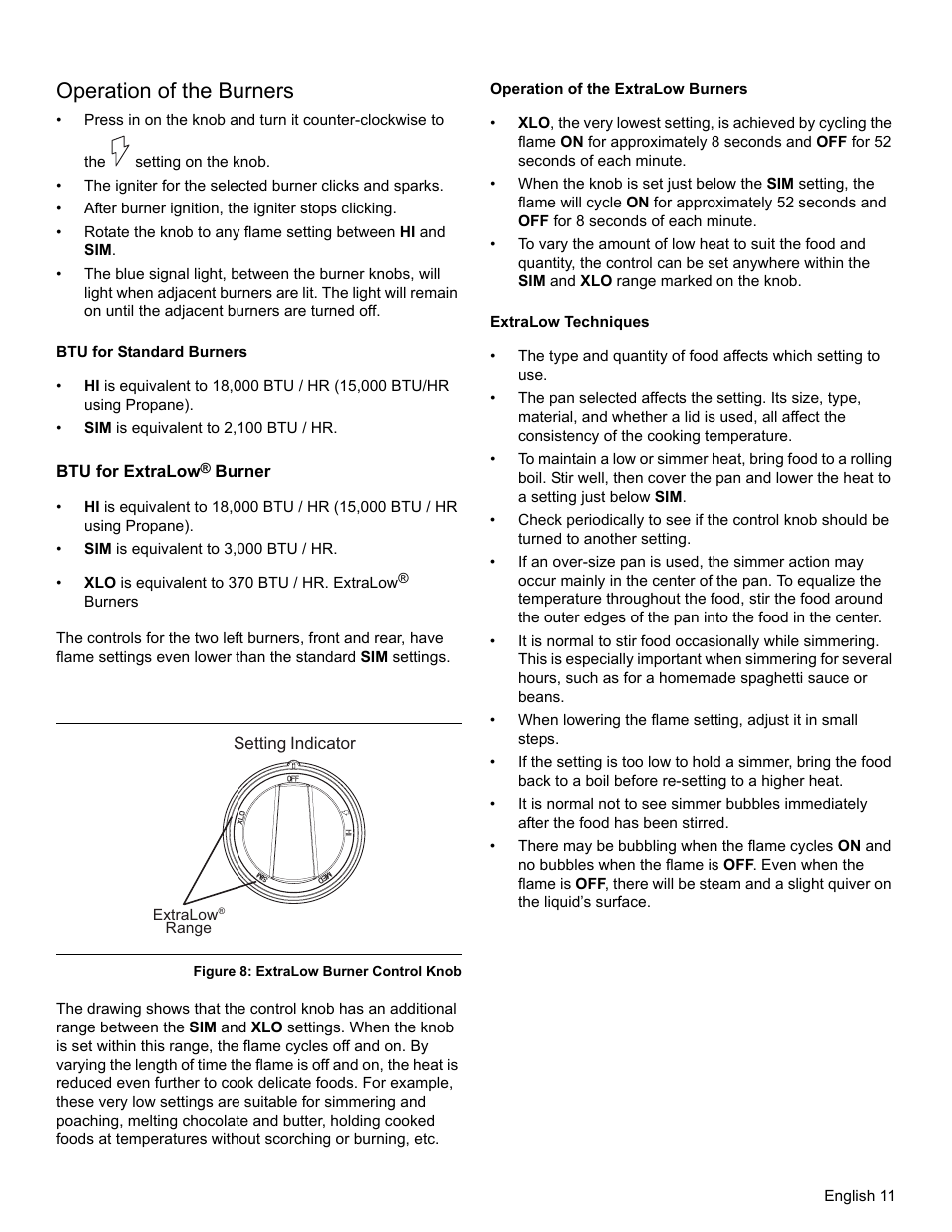 Operation of the burners, Btu for standard burners, Btu for extralow® burner | Figure 8: extralow burner control knob, Operation of the extralow burners, Extralow techniques | Thermador PRO-HARMONY PRD36 User Manual | Page 13 / 132