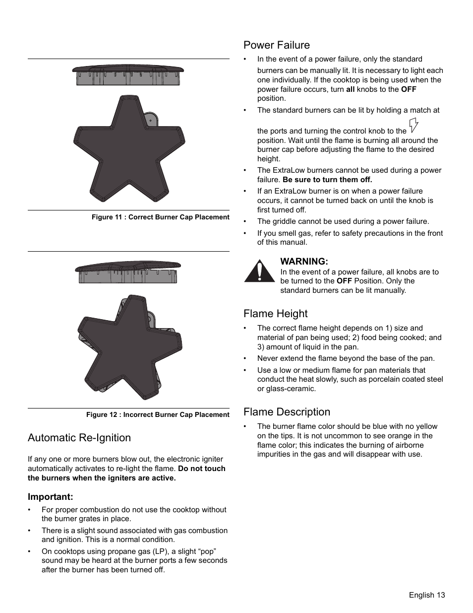 Figure 11 : correct burner cap placement, Figure 12 : incorrect burner cap placement, Automatic re-ignition | Important, Power failure, Warning, Flame height, Flame description | Thermador PRO-HARMONY PRD36 User Manual | Page 15 / 132