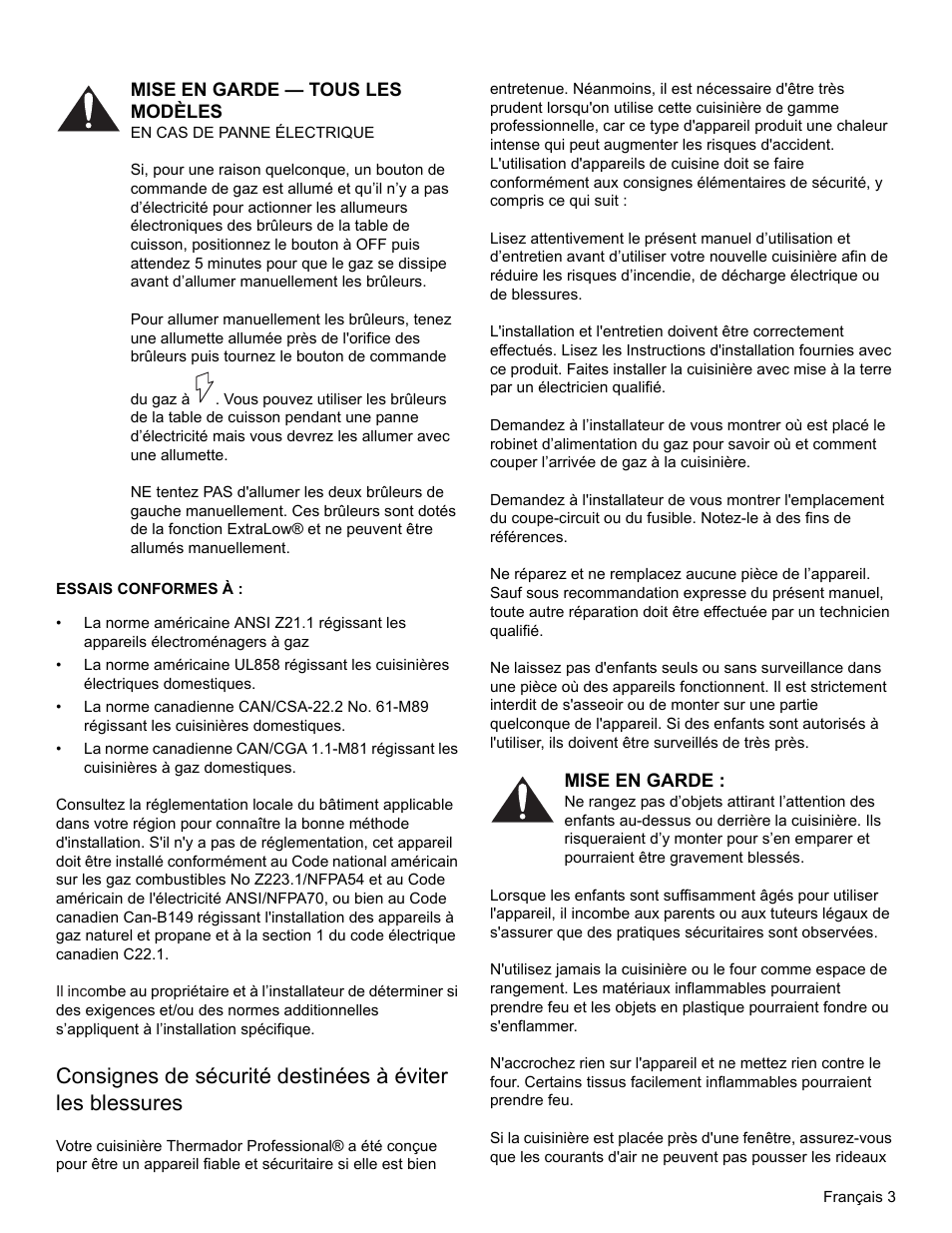 Mise en garde — tous les modèles, Essais conformes à, Mise en garde | Thermador PRO-HARMONY PRD36 User Manual | Page 47 / 132