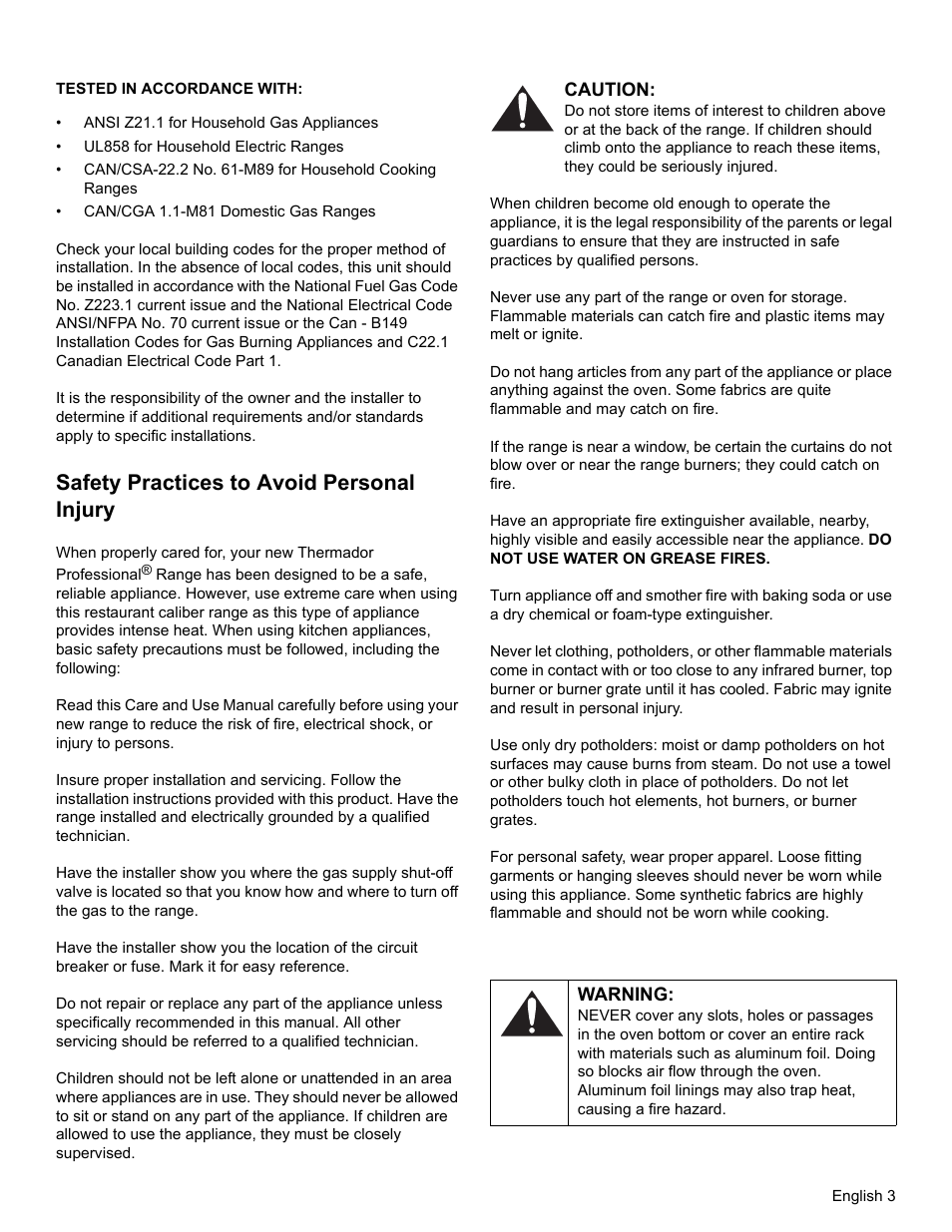 Tested in accordance with, Safety practices to avoid personal injury, Caution | Warning | Thermador PRO-HARMONY PRD36 User Manual | Page 5 / 132