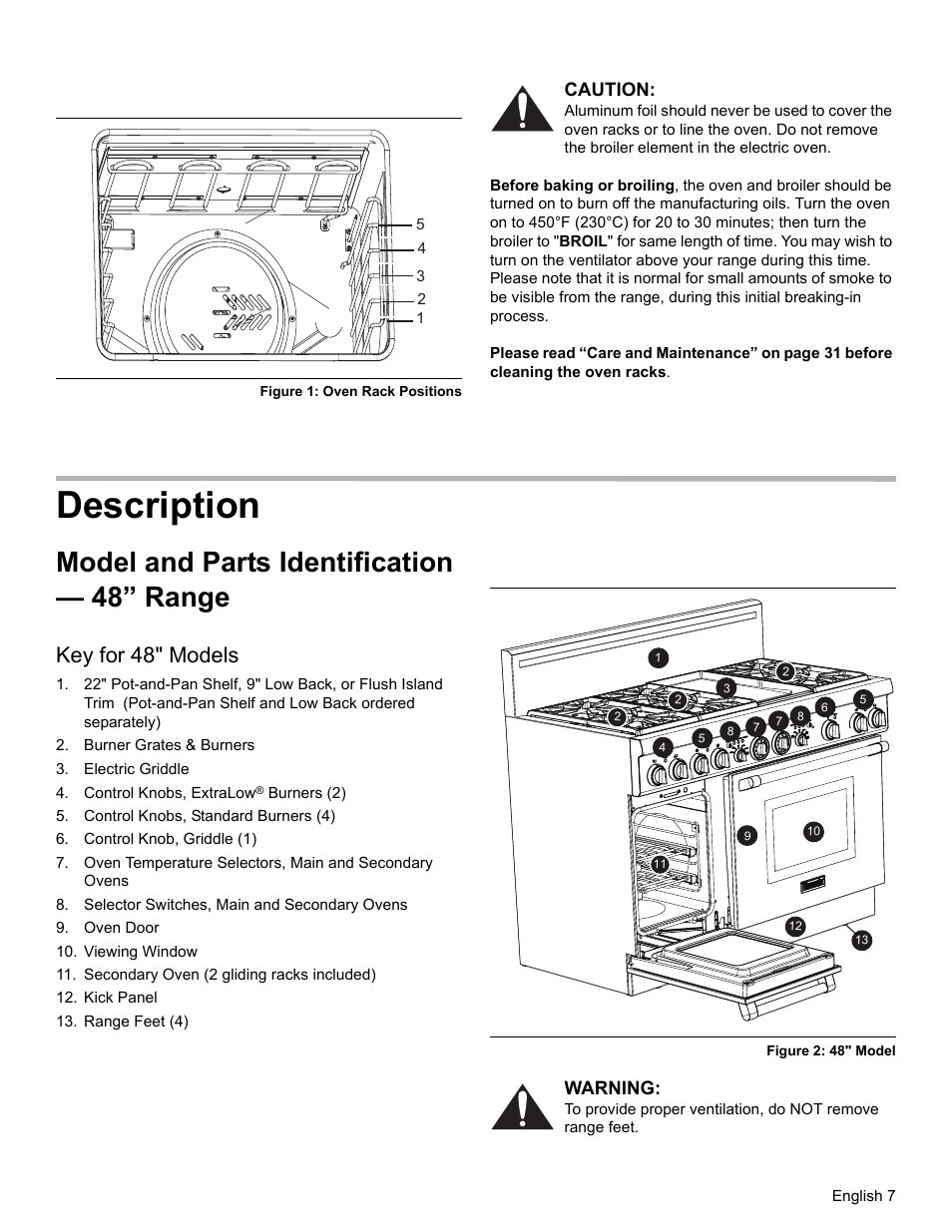 Figure 1: oven rack positions, Caution, Description | Model and parts identification — 48” range, Key for 48" models, Burner grates & burners, Electric griddle, Control knobs, extralow® burners (2), Control knobs, standard burners (4), Control knob, griddle (1) | Thermador PRO-HARMONY PRD36 User Manual | Page 9 / 132