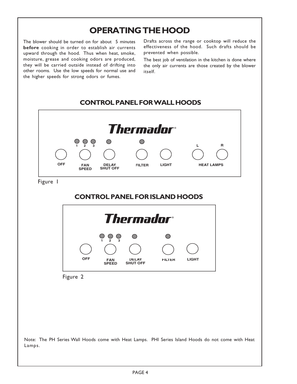 Operating the hood, Figure 1 figure 2 | Thermador PH36ZS User Manual | Page 4 / 8