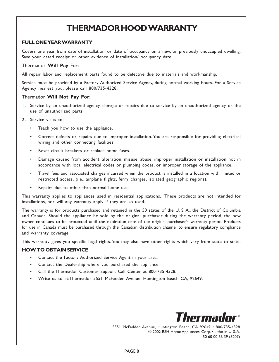 Thermador hood warranty | Thermador PH36ZS User Manual | Page 8 / 8