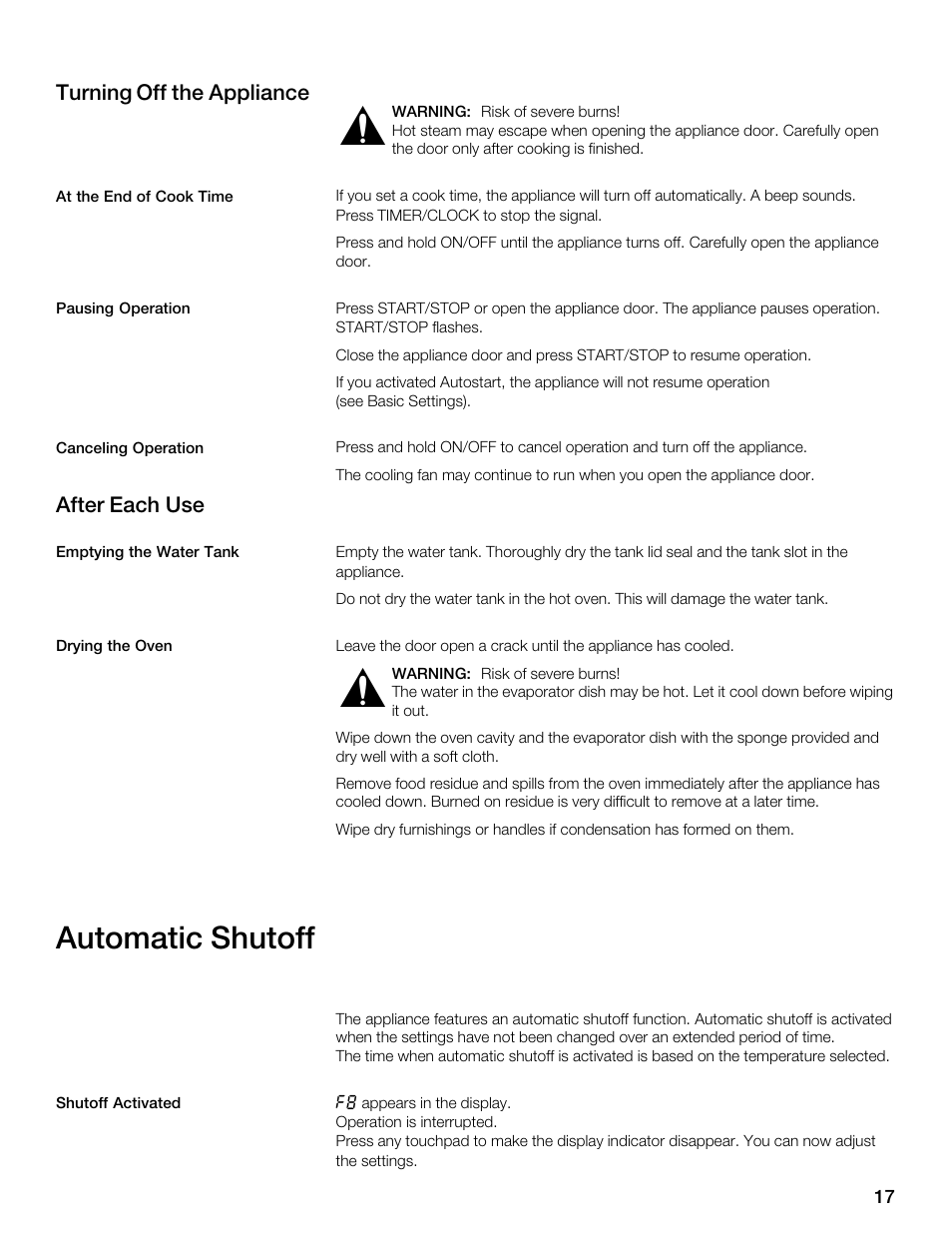 Automatic shutoff, Turning off the appliance, After each use | Thermador MES301HS User Manual | Page 17 / 64