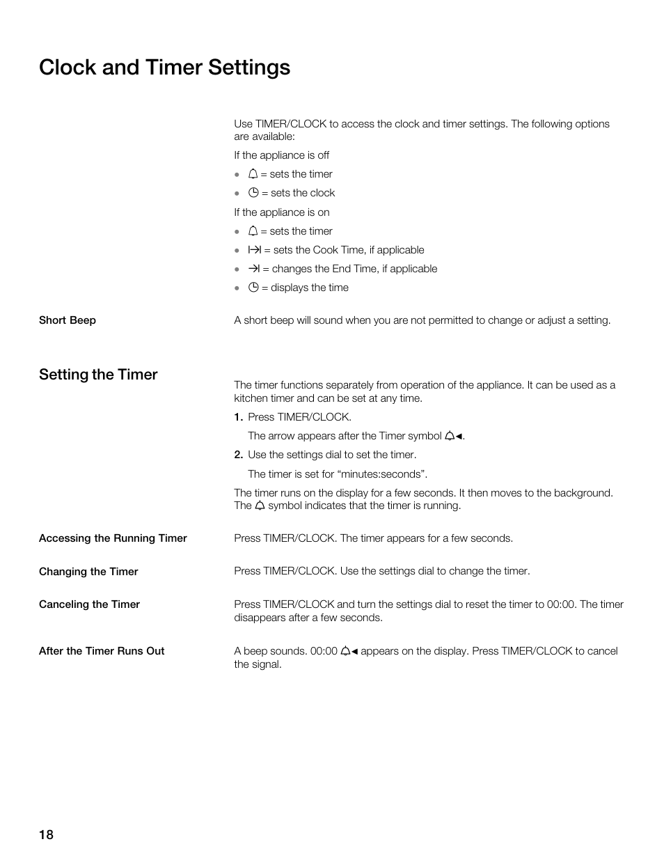 Clock and timer settings, Setting the timer | Thermador MES301HS User Manual | Page 18 / 64
