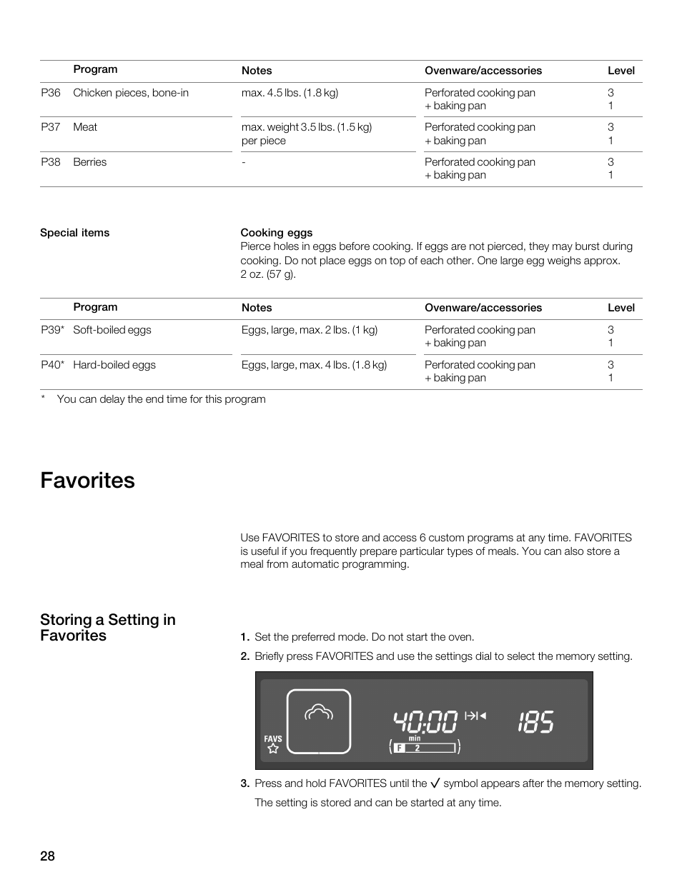 Favorites, Storing a setting in favorites | Thermador MES301HS User Manual | Page 28 / 64