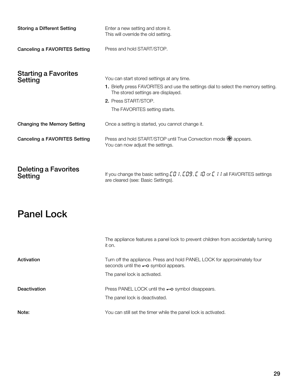 Panel lock, Starting a favorites setting, Deleting a favorites setting | Thermador MES301HS User Manual | Page 29 / 64