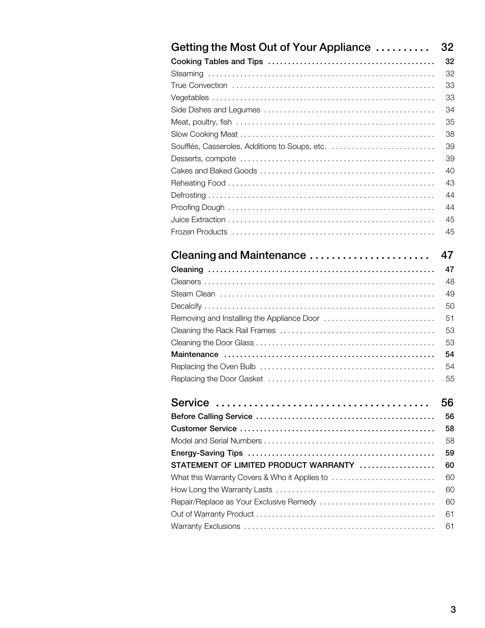 Āgetting the most out of your appliance 32, Ācleaning and maintenance 47, Āservice 56 | Thermador MES301HS User Manual | Page 3 / 64