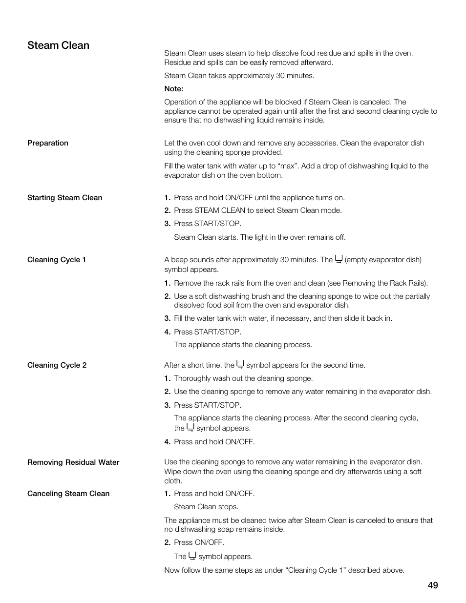 Steam clean | Thermador MES301HS User Manual | Page 49 / 64