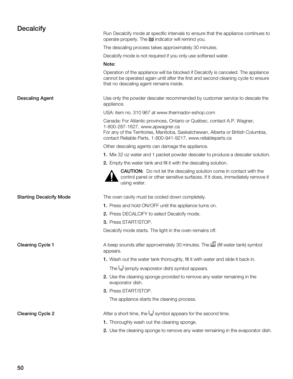 Decalcify | Thermador MES301HS User Manual | Page 50 / 64