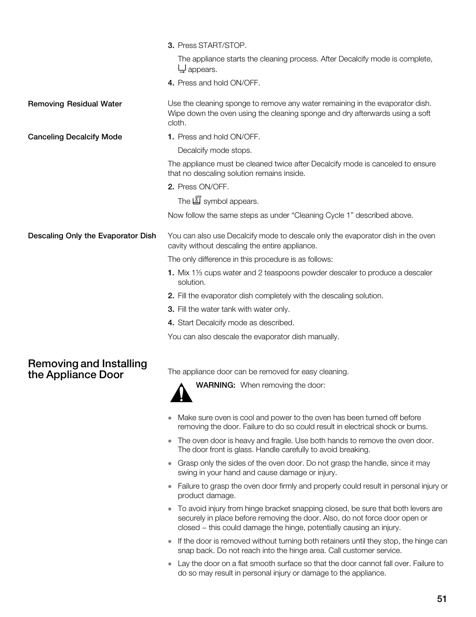 Removing and installing the appliance door | Thermador MES301HS User Manual | Page 51 / 64