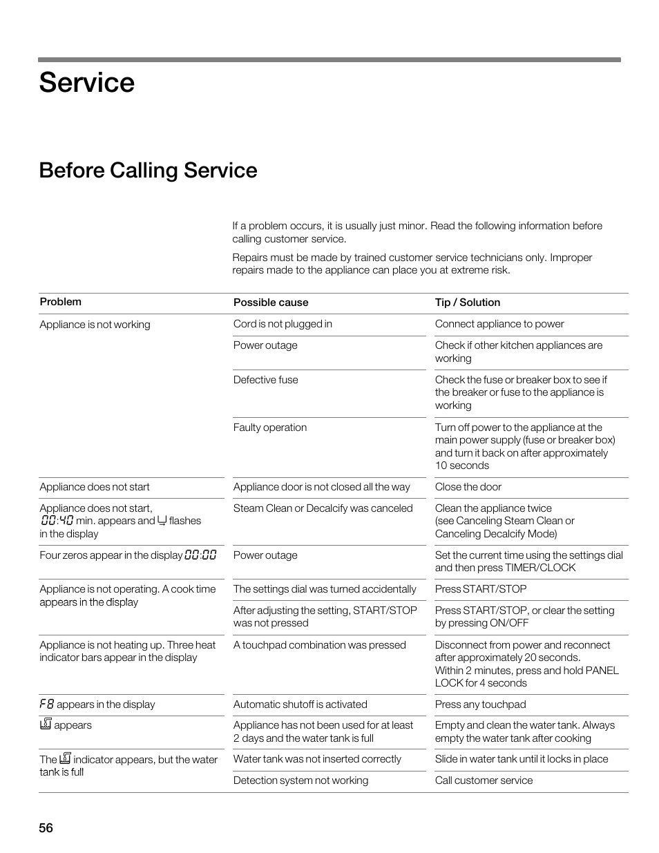 Service, Before calling service | Thermador MES301HS User Manual | Page 56 / 64