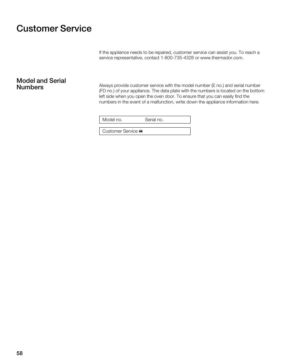 Customer service, Model and serial numbers | Thermador MES301HS User Manual | Page 58 / 64