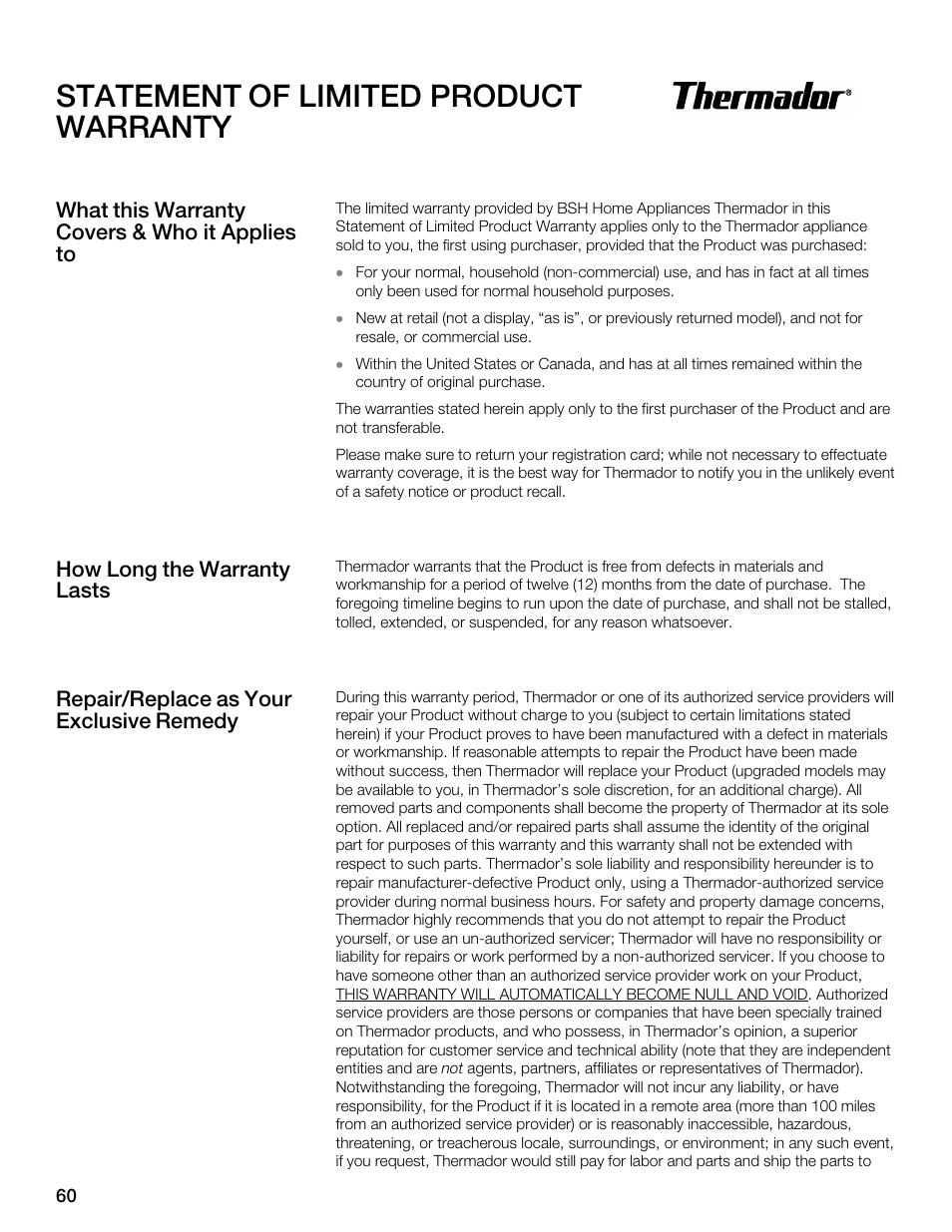 Statement of limited product warranty | Thermador MES301HS User Manual | Page 60 / 64