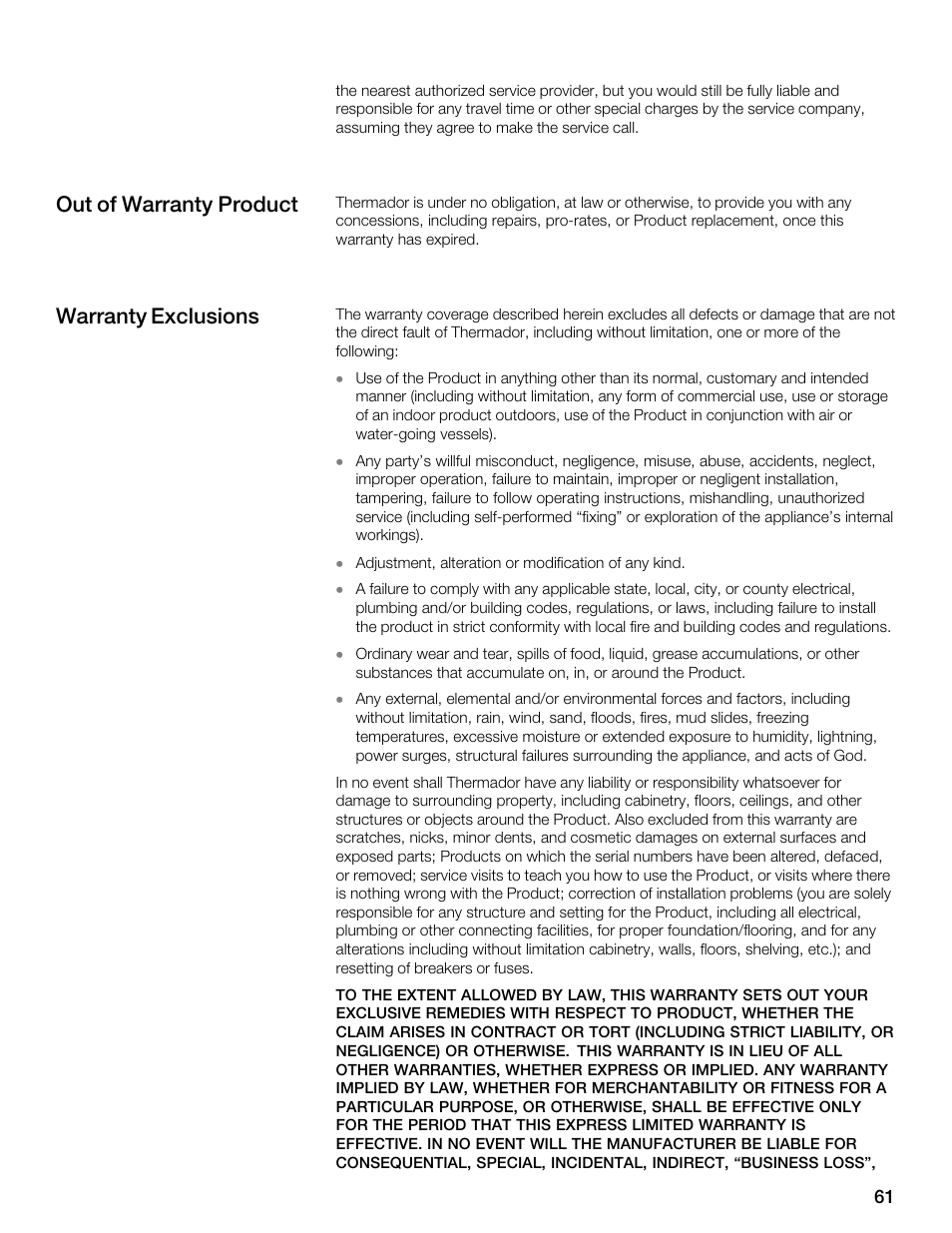 Out of warranty product warranty exclusions | Thermador MES301HS User Manual | Page 61 / 64