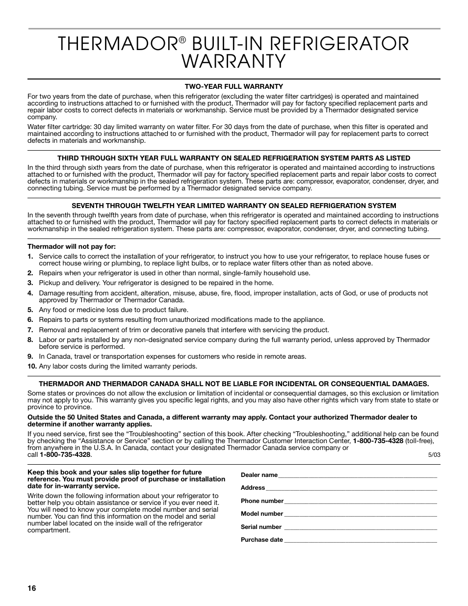 Thermador, Built-in refrigerator warranty | Thermador KBULT3651A User Manual | Page 16 / 48