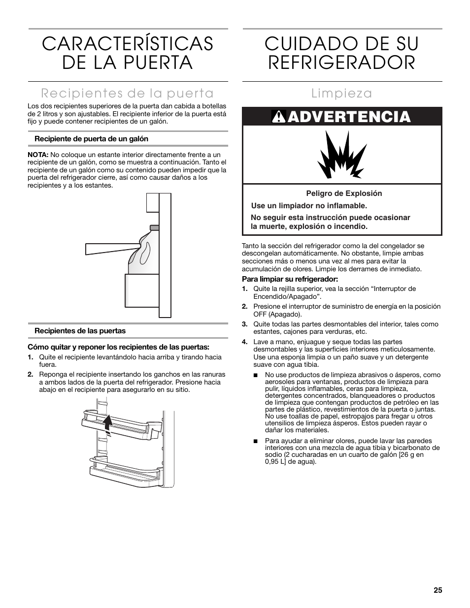 Características de la puerta, Cuidado de su refrigerador, Advertencia | Thermador KBULT3651A User Manual | Page 25 / 48