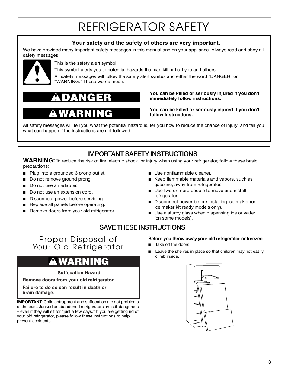 Refrigerator safety, Important safety instructions, Save these instructions | Warning | Thermador KBULT3651A User Manual | Page 3 / 48