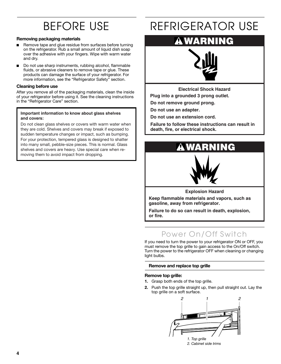 Before use, Refrigerator use, Warning | Thermador KBULT3651A User Manual | Page 4 / 48