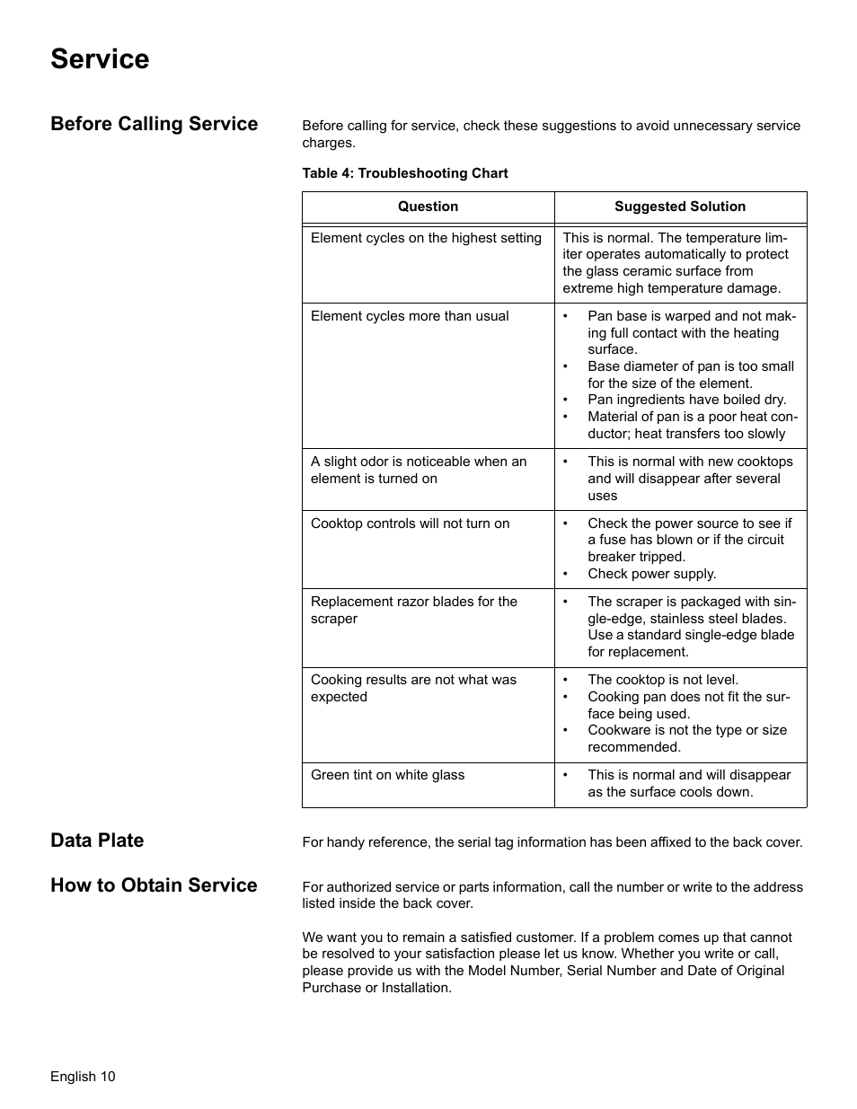 Service, Before calling service, Table 4: troubleshooting chart | Data plate, How to obtain service | Thermador CEM365 User Manual | Page 12 / 40